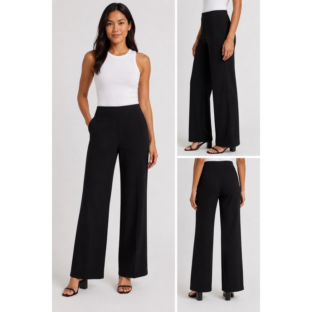 Misook Women Black Knit Wide Leg Pull On Pants High Rise XL
